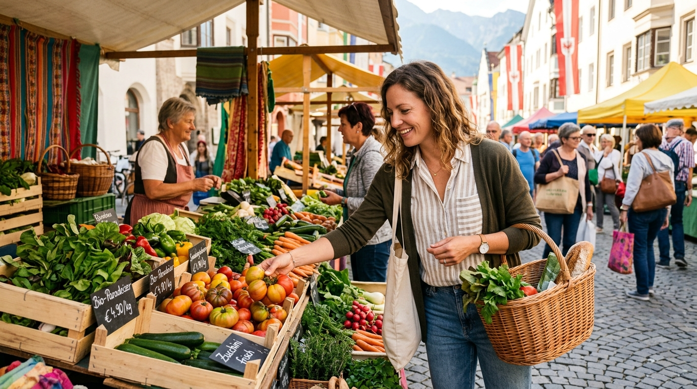 Person wählt frisches Gemüse auf dem Markt in Österreich