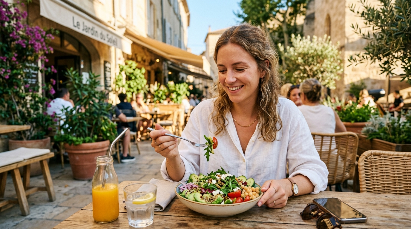 Frau isst frischen Salat auf einer Sonnenterrasse